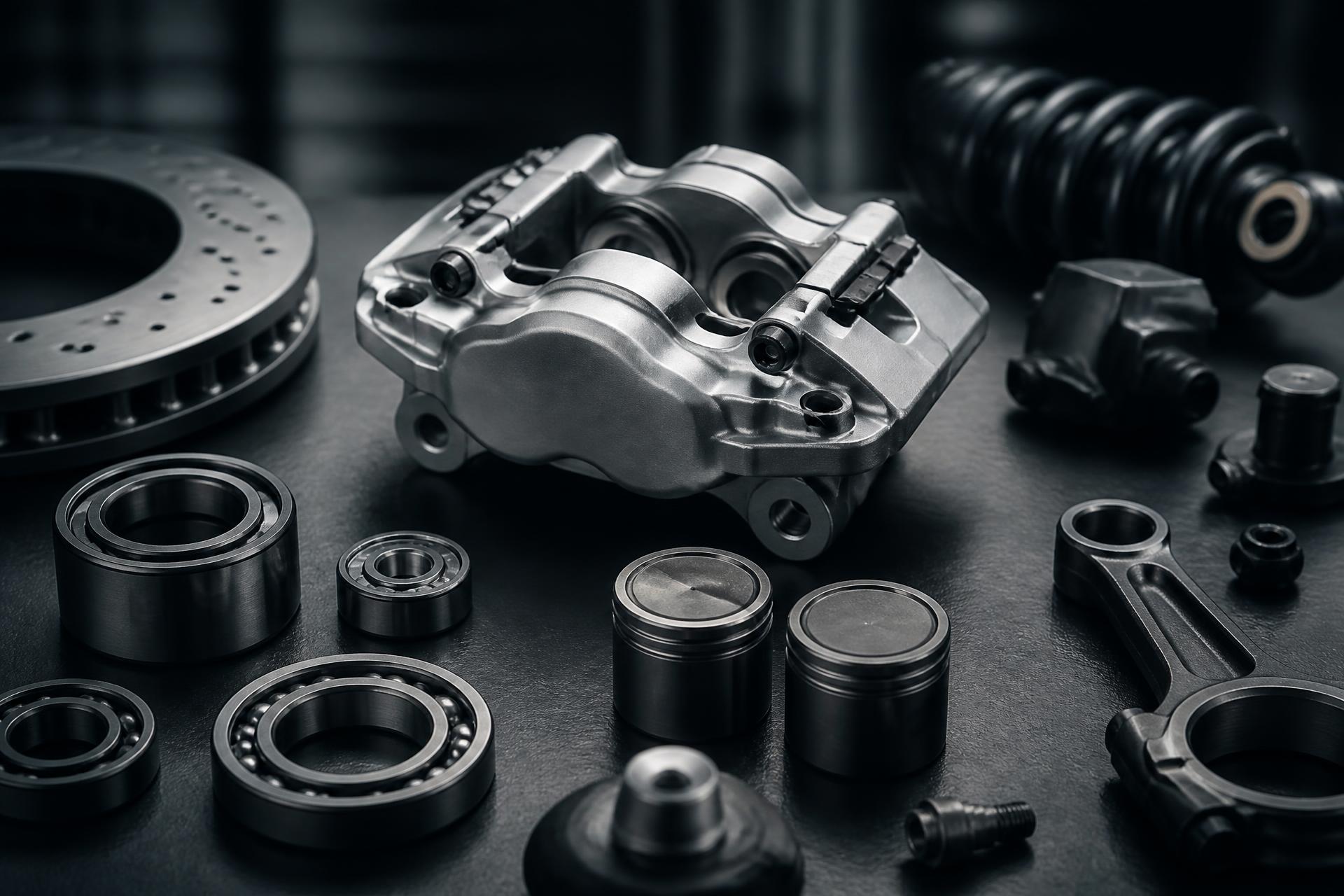 Precision parts arranged on a dark industrial surface