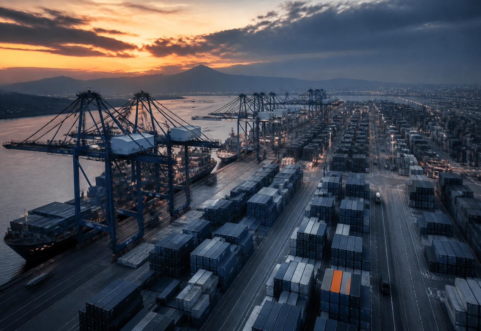 International container terminal at dusk